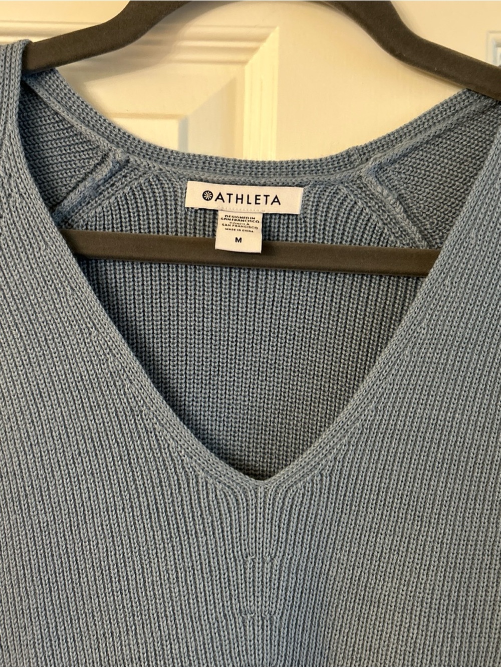 Brand New Athleta Women’s Hanover Pale Blue V-Neck Sweater, Merino Wool Blend